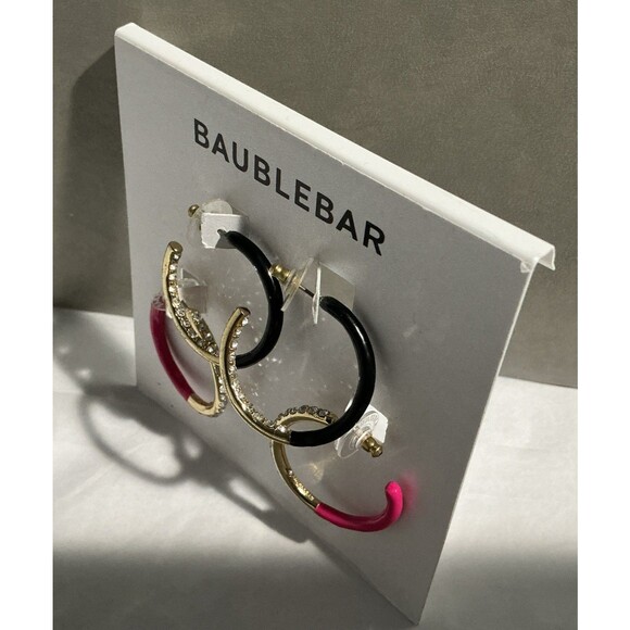NEW Baublebar Pink & Black Enamel Hoops Gold Rhinestones 2 Pair - Picture 2 of 4